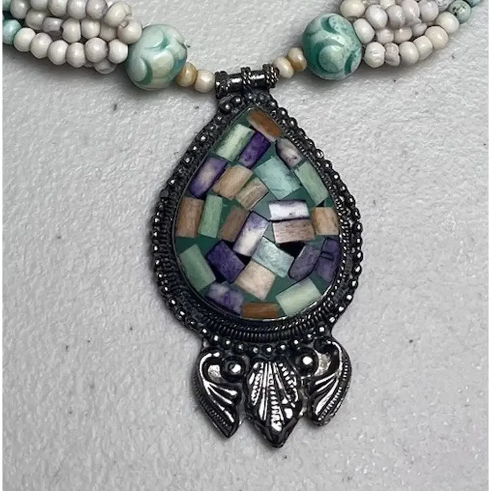 Mosaic Teardrop Pendant Western Tribal Multi Strand Beaded Necklace Silver Tone
